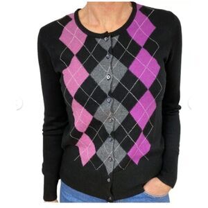 Apt 9 Cashmere Womens Black Button Down Argyle Cardigan Sweater Sz L
